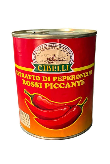Cibelli Concentrato di Peperoncino Piccante 900gr in red can featuring hot chili peppers.