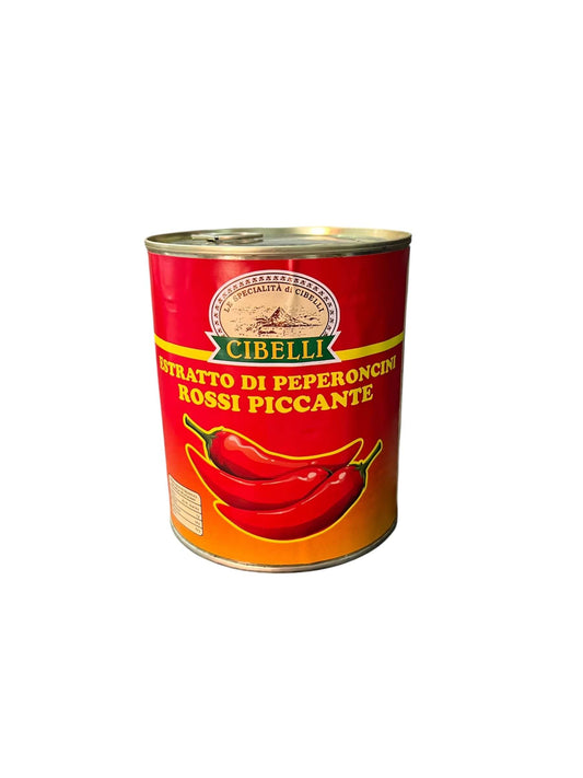 Cibelli Concentrato di Peperoncino Piccante 900gr in red can featuring hot chili peppers.
